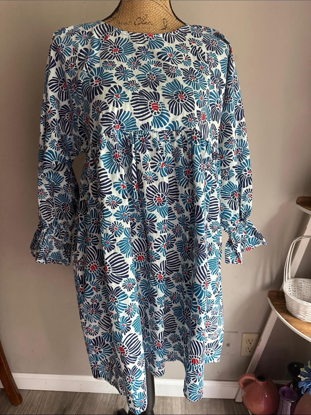 Floral Blue & White Long-Sleeve Babydoll Dress